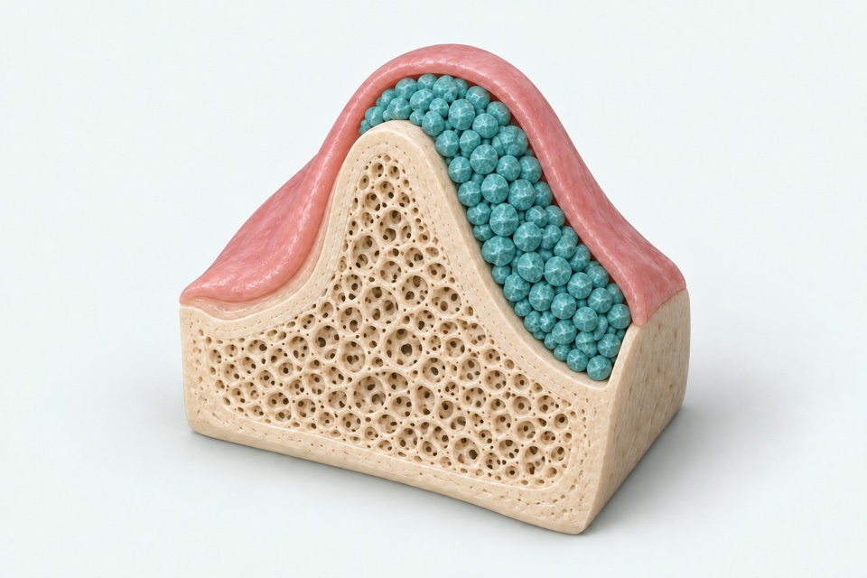 Coupe schématique : apport de granules sur le contour d’une crête osseuse étroite.