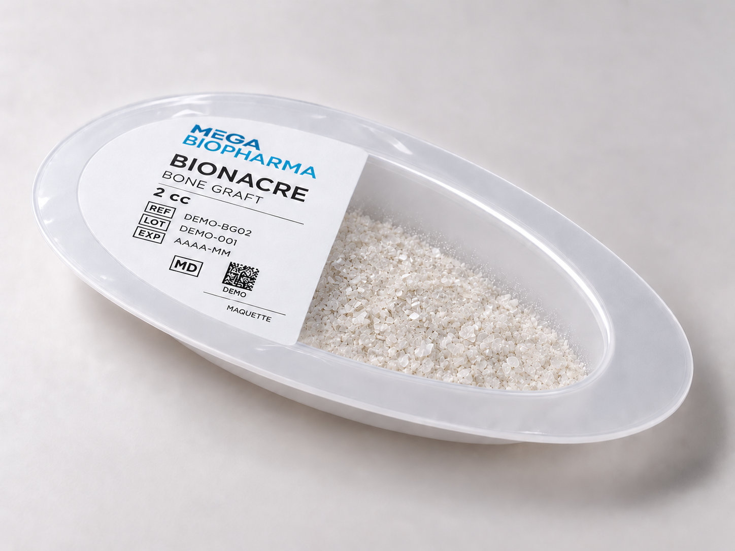 Maquette du conditionnement Bionacre Bone Graft et ses granules
