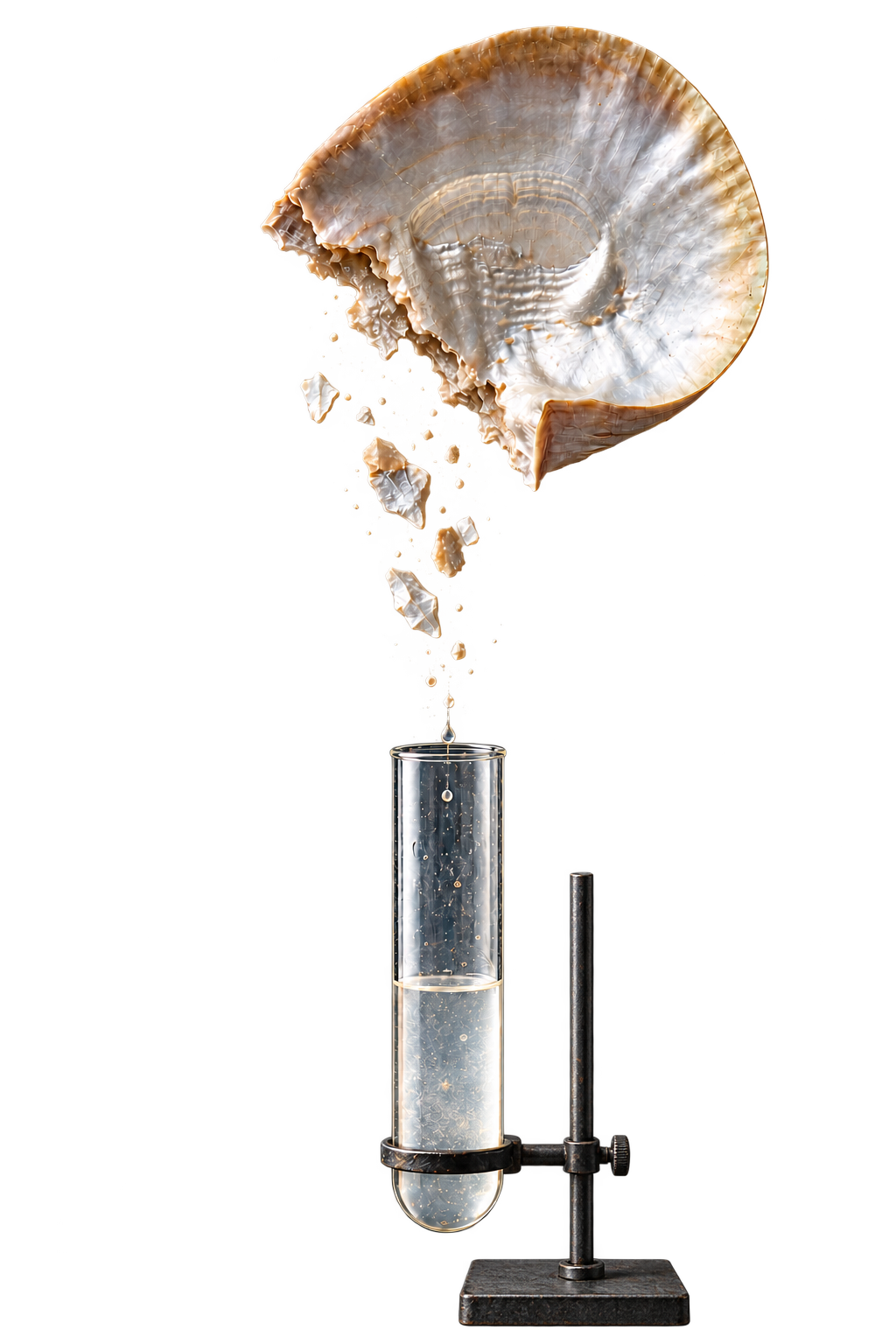 Composition illustrative : coquille de Pinctada maxima, fragments de nacre et liquide dans un tube à essai